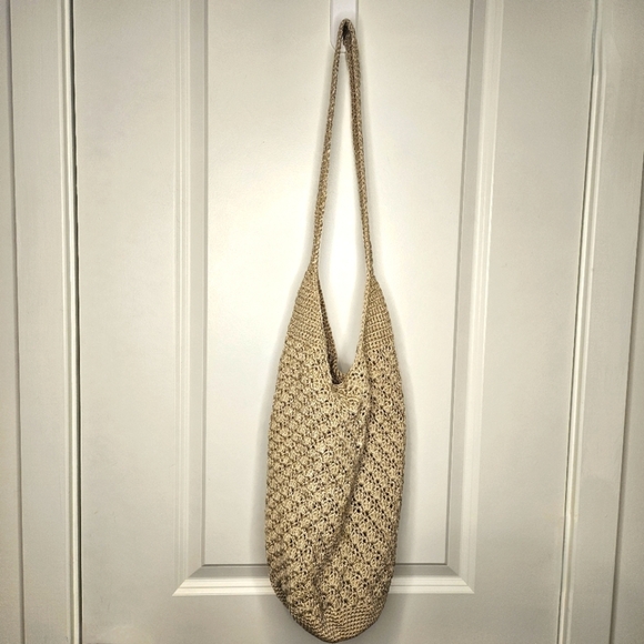 Crochet 100% Rayon Tan Hobo Bag  Drawstring Slouchy Summer Beach Minimalist - Picture 2 of 10
